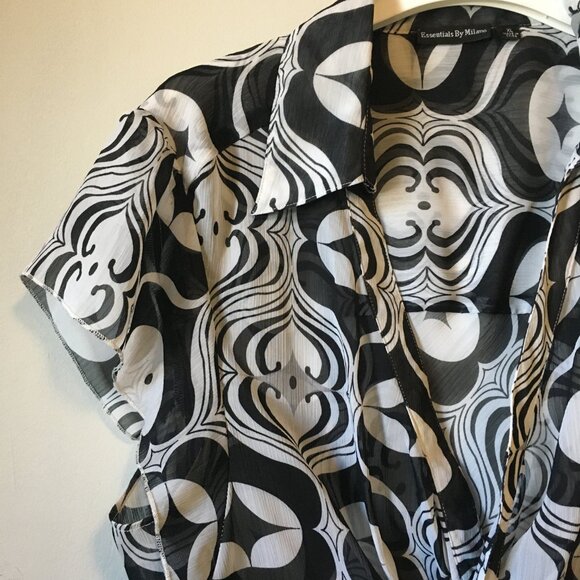 Vintage Monochrome Retro Ogee Cap Sleeve Twist Empress Waist Sheer Chiffon Top - Picture 3 of 16